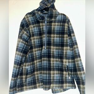 O'Neill women's half-zip polar fleece hoodie blue & green plaid pattern Sz XXL